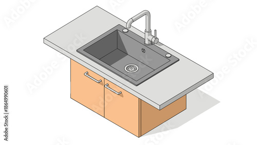 An isometric vector illustration showcasing a contemporary kitchen island unit, equipped with a sleek integrated sink, a modern faucet, and practical storage cabinets, all on a light countertop.