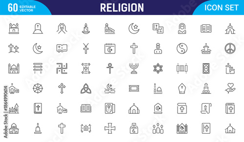 Religion line icons collection. Big UI icon set in a flat design. Thin outline icons pack. Vector illustration