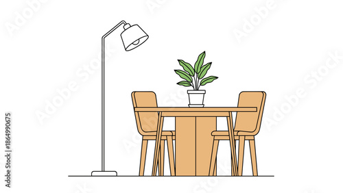 This elegant line art illustration depicts a cozy dining nook, featuring a round wooden table, two chairs, a potted plant, and a modern floor lamp, ideal for home interiors.