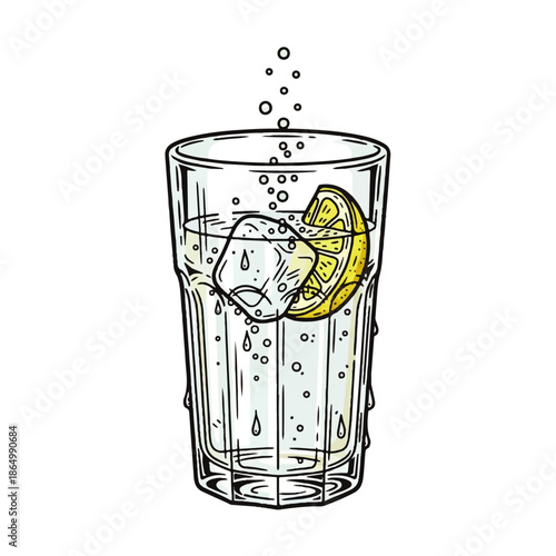 A refreshing glass of sparkling water with ice and lemon slice on a clean white background