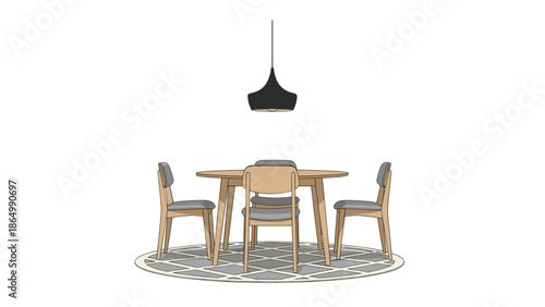 An isometric line art illustration showcases a stylish dining area with a rectangular wooden table, four chairs, a modern black pendant light, and a patterned round rug.