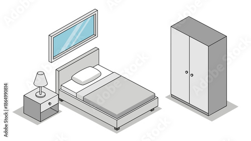 A modern isometric illustration depicts essential bedroom furniture including a comfortable bed, a practical nightstand with a lamp, a sleek wall mirror, and a spacious wardrobe.
