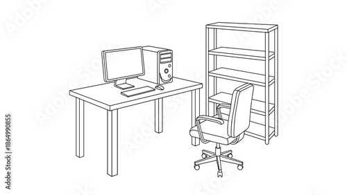 A detailed line art illustration showcasing a complete home office setup with a sturdy desk, a desktop computer system, a comfortable swivel chair, and a multi-shelf storage unit.