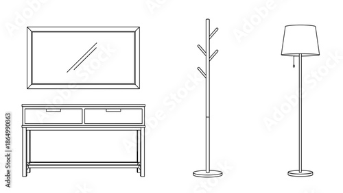 A clean line art composition of entryway or living room furniture, presenting a wide wall mirror, a sleek console table, a practical coat stand, and a contemporary floor lamp.