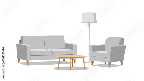 A vibrant isometric illustration of a cozy living room setup, showcasing a comfortable two-seater sofa, a matching armchair, a round wooden coffee table, and an elegant floor lamp.
