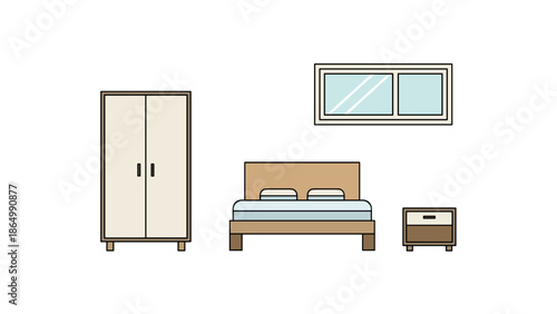 A modern colored outline illustration of essential bedroom furniture, including a spacious wardrobe, a double bed with a headboard, a functional nightstand, and a horizontal window.