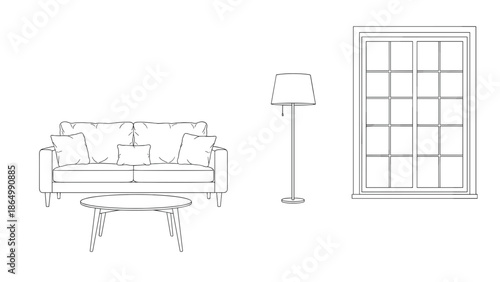A clean line art illustration portraying a tranquil living room setting, featuring a comfortable sofa with pillows, a round coffee table, a tall floor lamp, and a large multi-paned window.