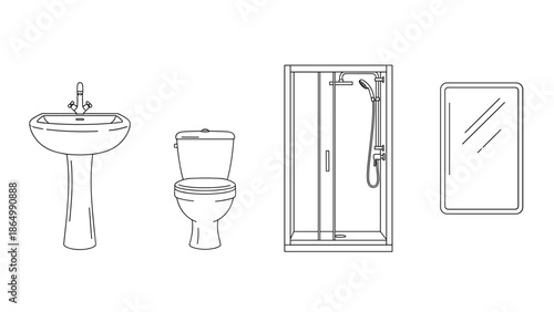A basic line art illustration of essential bathroom fixtures, featuring a pedestal sink, a toilet, a functional shower cabin, and a simple wall-mounted mirror for daily use.