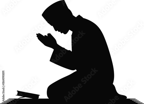 Muslim Man Kneeling in Prayer with Palm Fingers and Fingertips in Gesture of Prayer Hands Together Praying with Upward Hands