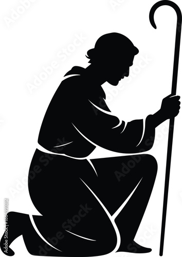 Silhouette Of Kneeling Man Praying With Shepherd Staff In Hand Offering Silent Prayer Hopeful Gesture With Folded Palm And Fingers