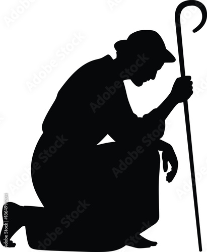 Silhouette Of Kneeling Praying Man With Folded Pressed Hands Together In Prayerful Gesture Offering Worshipful Hopeful Supplication With Fingers