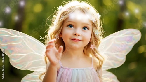 Young girl with fairy wings and flowers outdoors