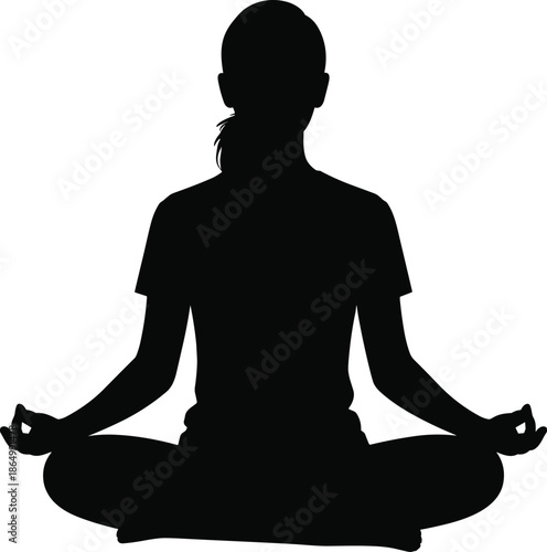 Silhouette of woman in lotus position with folded praying hands meditating vector graphic design for website on transparent background