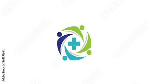 Abstract medical logo with interconnected figures forming a circle around a cross representing healthcare community and teamwork vector illustration