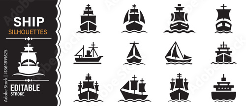 Black ship and sailing boat icons editable marine vector set