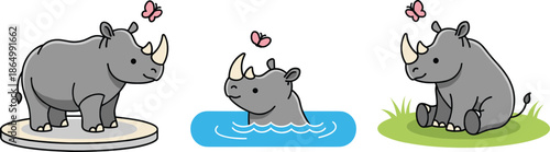 Cute Cartoon Rhinoceros Character Set with Standing Swimming and Sitting Poses Vector Illustration