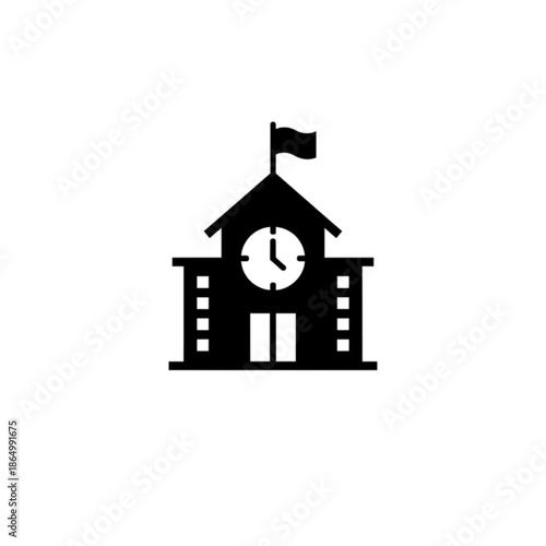 A minimalist black silhouette vector image of a school building featuring a central clock and a rooftop flag, representing the physical heart of an academic institution and campus life