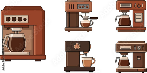 Coffee Machine Icon Set in Modern Flat Illustration Styles for Cafe Kitchen Appliance Beverage and Barista Design Projects