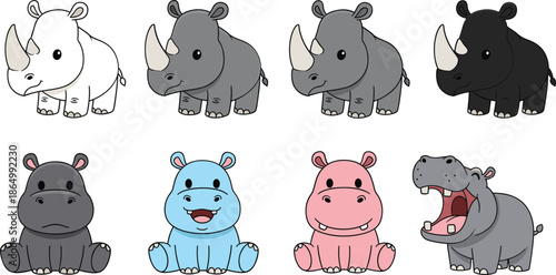 Cute Cartoon Safari Animals Set with Baby Rhinoceros and Hippopotamus Characters Vector Illustration Collection