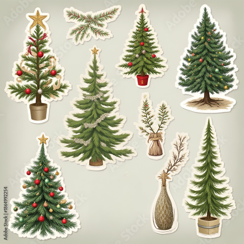 Christmas tree stickers in various styles and colors for decoration  