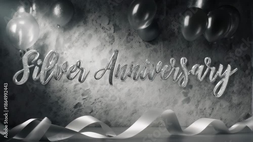 Elegant Silver Anniversary Celebration with Balloons and Ribbons.