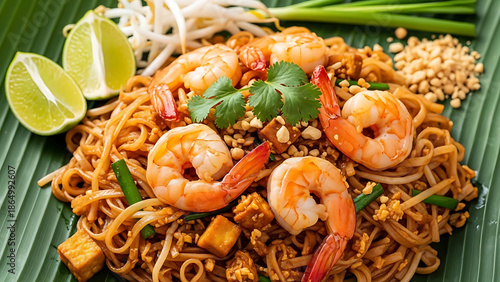 Vibrant Pad Thai noodles with pink shrimp and crushed peanuts are served directly on a large green banana leaf with lime wedges.