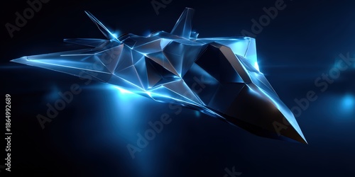 Futuristic Polygonal Fighter Jet in Blue Digital Light