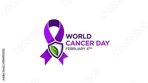 World Cancer Day ribbon with shield and leaf symbol awareness and support concept for February 4th vector illustration on white background