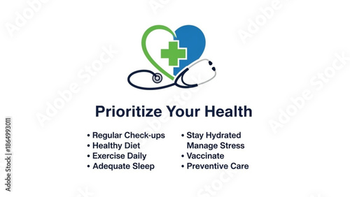 Prioritize Your Health concept with heart stethoscope and medical cross promoting wellness and preventive care isolated on white background