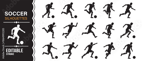 Soccer player silhouette icons set with football action poses in black vector