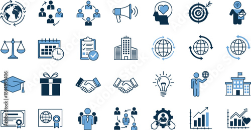 Business and management icon set vector illustration featuring strategy communication teamwork analytics education finance and global organization symbols for corporate infographic and web design