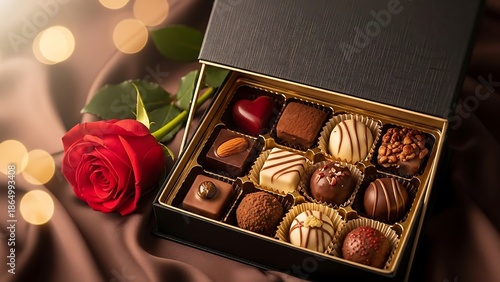 Luxurious assorted chocolates in elegant box with red rose