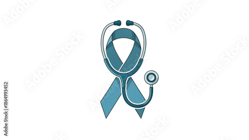 Teal awareness ribbon intertwined with a stethoscope symbolizing medical support and health awareness isolated on white background