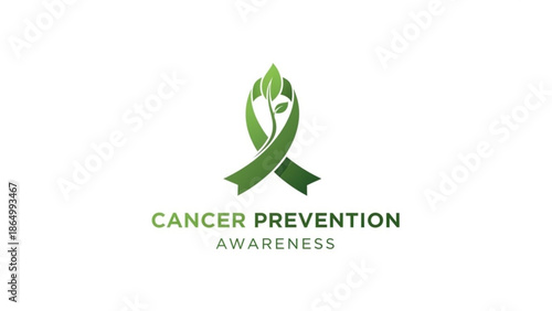 Green ribbon with leaves forming a plant symbolizing cancer prevention and awareness a concept for health and wellness campaigns isolated on white