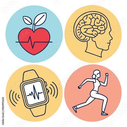 Collection of healthcare icons including a heart brain apple and yoga symbol