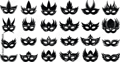 Venetian carnival mask silhouette set, collection of decorative theatrical masquerade masks vector icons black white festival design elements illustration pack