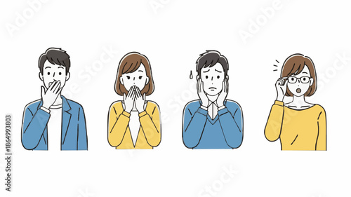 Illustration of four cartoon people making hand gestures on a plain white background with various expressions.