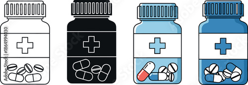 Medicine pill bottle collection vector illustration featuring pharmaceutical containers with tablets and capsules for healthcare, pharmacy, medical treatment, and drug packaging design use