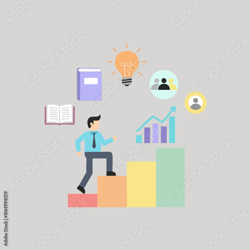 Flat Style Man Climbing Steps Towards Success Business Concept Illustration