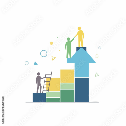 Flat Style Illustration of Business Teamwork Climbing Up Arrow Graph