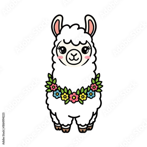A cartoon llama wearing a floral wreath standing in a serene environment, viewed from the front
