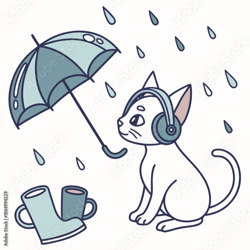 Creative SVG: Curious Sphynx cat with wearing headphones in a Raindrop Calm colored Rainy day theme