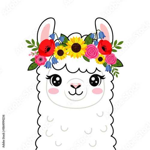 A cartoon llama wearing a floral crown with vibrant flowers and leaves