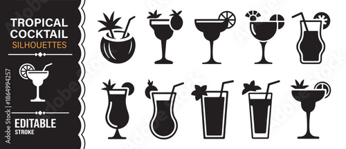 Tropical cocktail silhouettes collection of summer alcohol drinks in black vector style