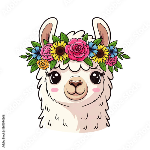 A vibrant cartoon llama wearing a floral wreath on its head