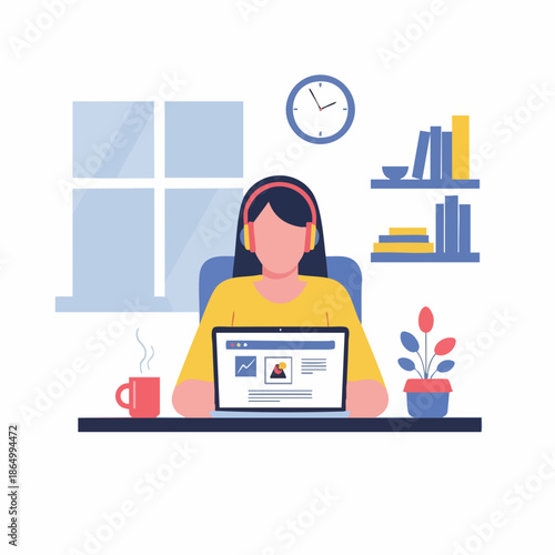Minimalist Flat Illustration Woman Working from Home with Laptop Lifestyle