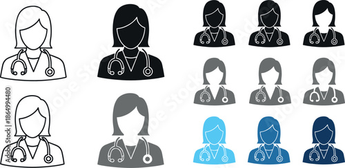 Female doctor avatar icon set vector illustration showing medical profile silhouettes in different styles and colors for healthcare apps, hospital systems, and user interface design
