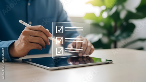 Person interacting with a digital checklist on a tablet