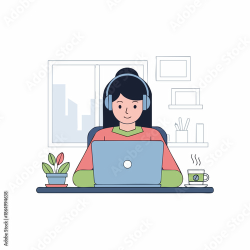 Flat Illustration Woman Working on Laptop with Headset at Home