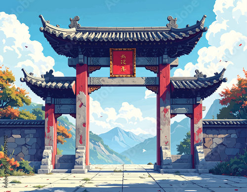 Traditional Chinese Gate with Ornate Roof and Red Pillars.